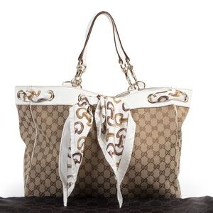 Vintage Authentic Gucci Positano White & Brown canvas & leather tot bag W Scarf